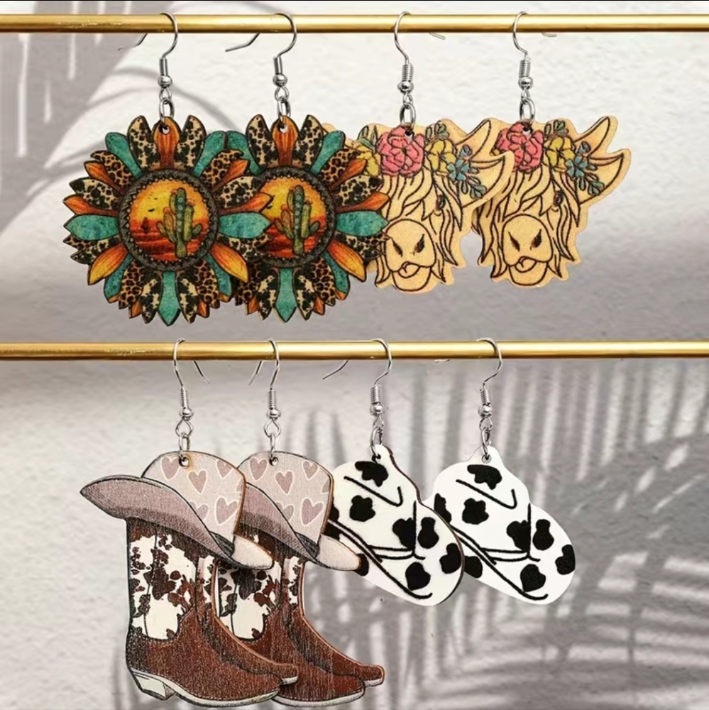 Country Western Boho Cowgirl Drop Earrings 4 Earring Set - Picture 5 of 6